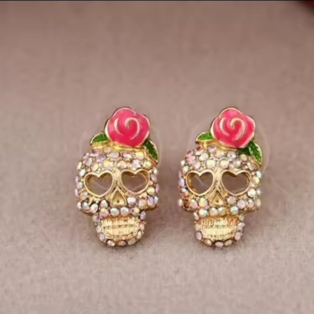 Gold and Pink Skull Earrings - Picture 5 of 7